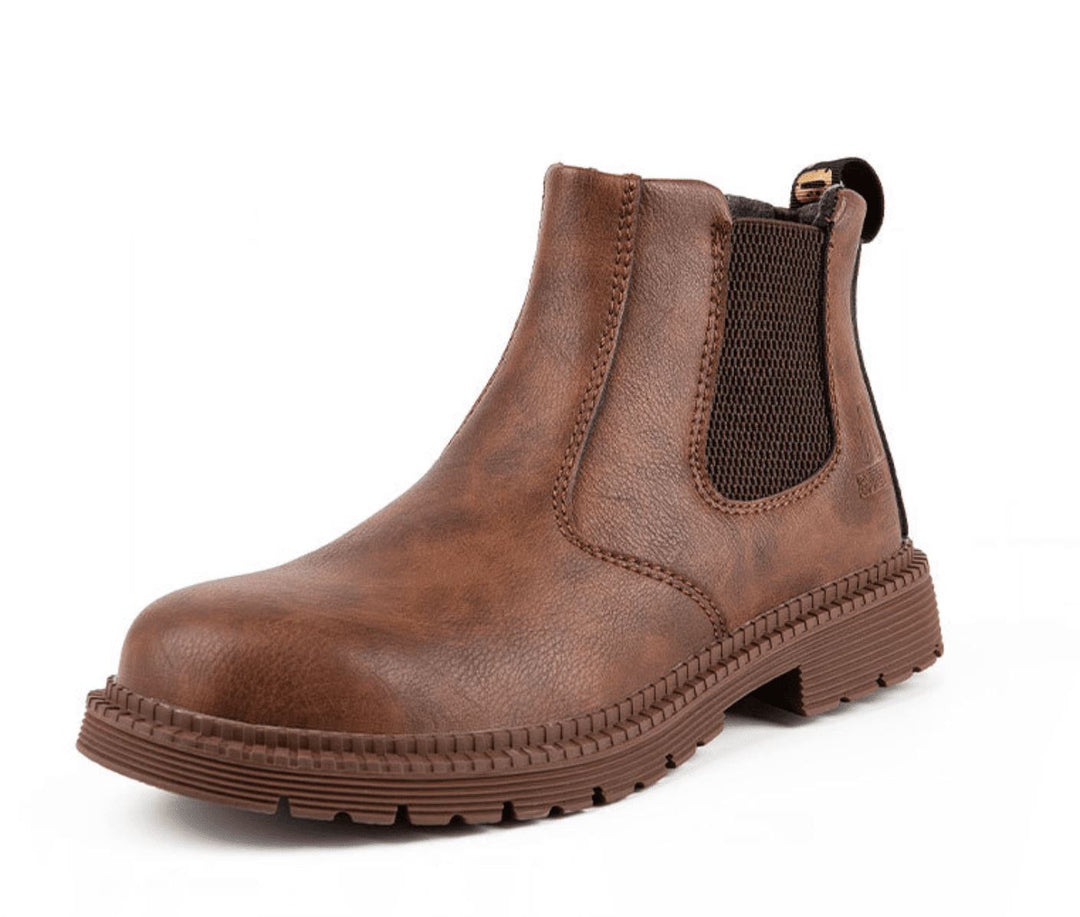 Men's classic brown leather Chelsea boots, side view, comfort slip-on design, perfect for casual or dress wear.