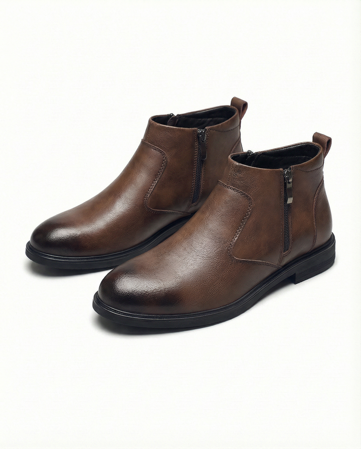 Men's classic brown leather Chelsea boots, side view, elastic gore, perfect for casual or dress wear