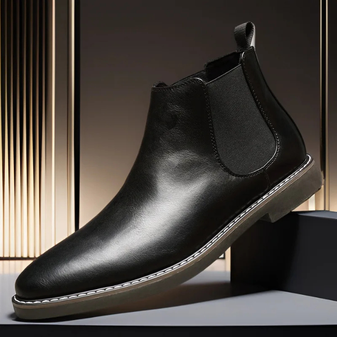 Side profile of a man wearing classic brown leather Chelsea boots, walking.