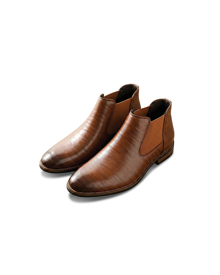 Men's classic brown leather Chelsea boots, side view, perfect for smart casual outfits