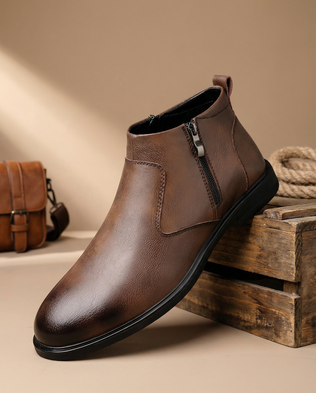 Stylish men's black leather Chelsea boots, front view, sleek design, ideal for formal and casual outfits