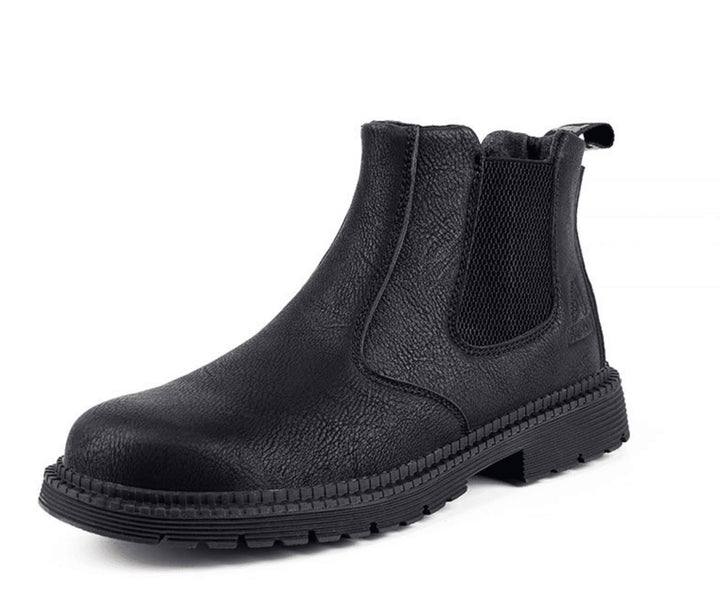 Pair of men's versatile tan leather Chelsea boots, front view, ideal casual boots for modern men's fashion.
