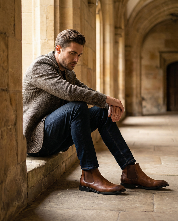 Pair of men's classic brown pull-on Chelsea boots, shown from above, ideal for versatile styling