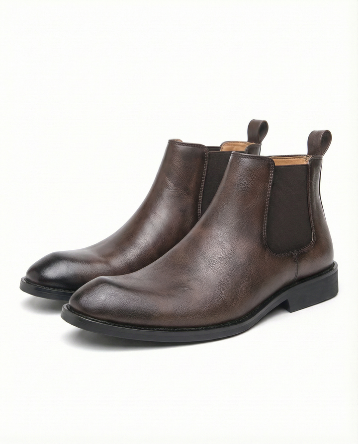 Men's elegant brown leather Chelsea boots, full view, comfortable and durable men's footwear