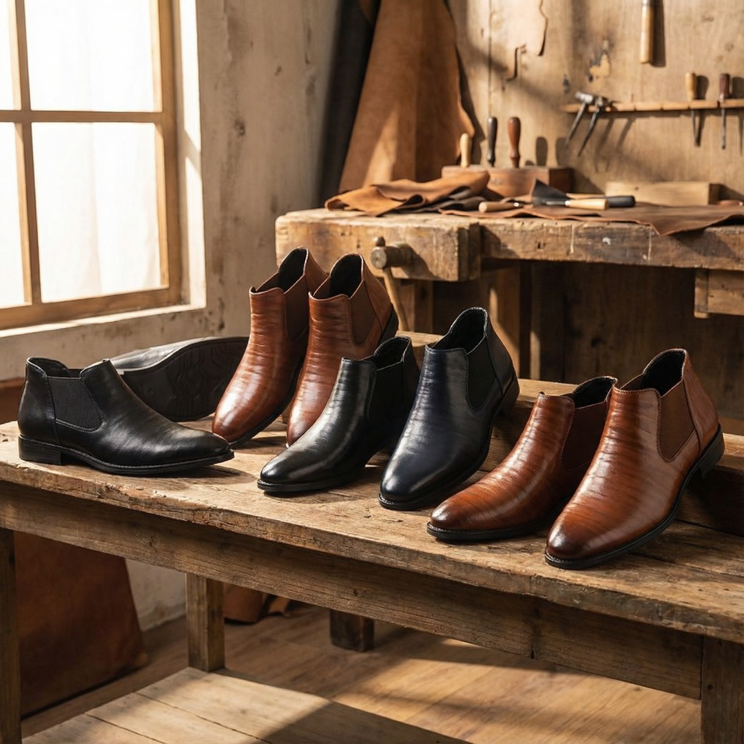Men's leather Chelsea boots, close-up of ankle and boot shaft, premium quality