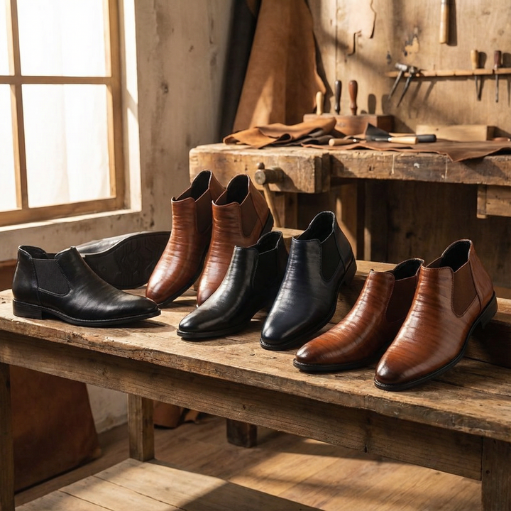 Men's leather Chelsea boots, close-up of ankle and boot shaft, premium quality