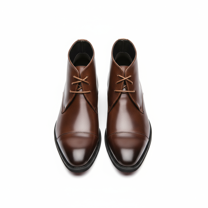 Men's Classic Brown Leather Chukka Boots, ankle-high, with laces, suitable for casual & dress wear.