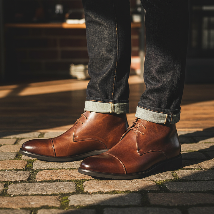 Side view of Men's Ankle-High Black Leather Chukka Boots, highlighting stitching details and sole.