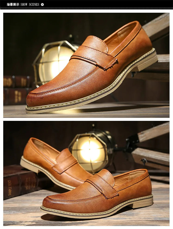 Men's classic tan leather loafers, comfortable slip-on shoes