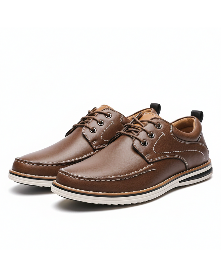 Men's classic brown leather moc toe Oxford shoes, top view