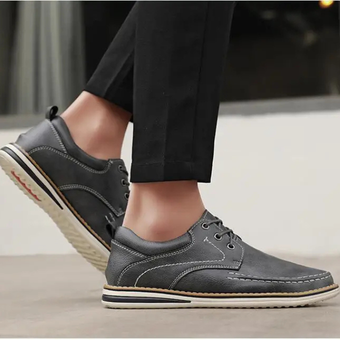Modern gray leather moc toe Oxford shoes, a blend of classic and contemporary
