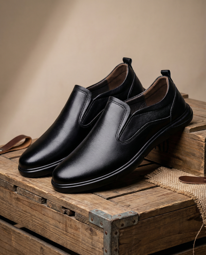 Comfortable men's black leather slip-on loafers with a sleek design, suitable for dress shoes.