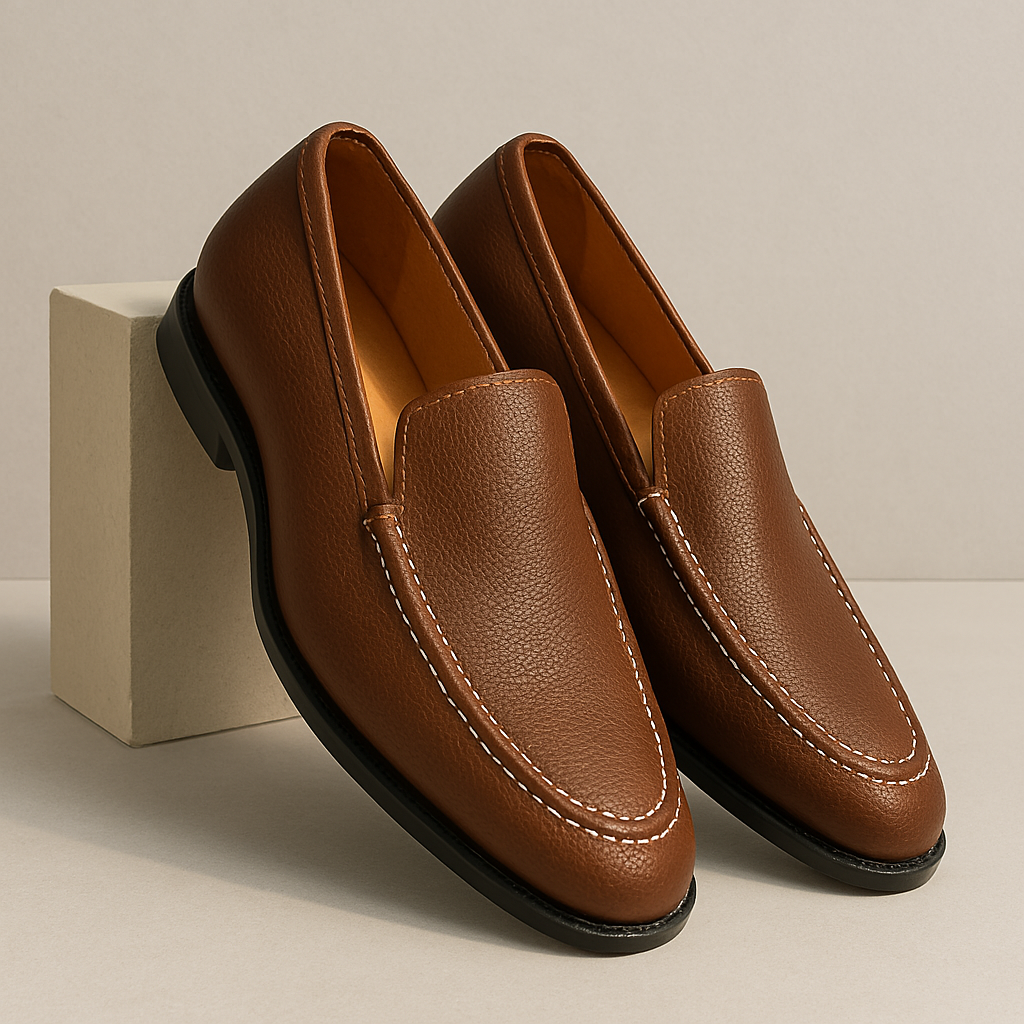 Side view of men's sleek black leather slip-on loafers, great for office or events