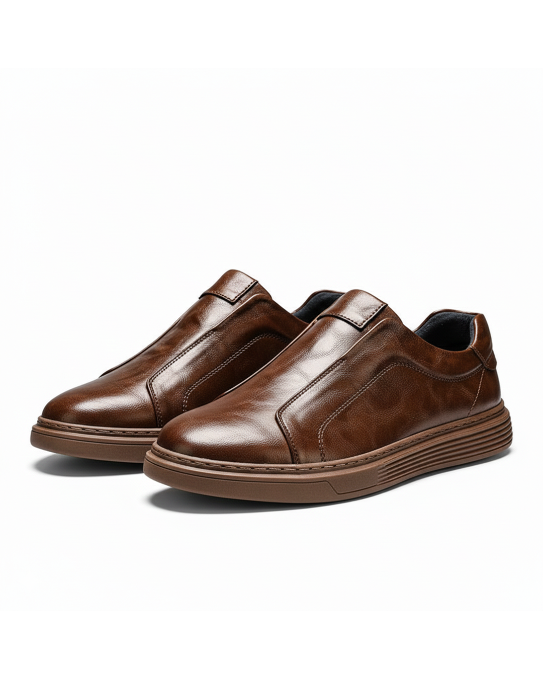 Men's classic brown leather slip-on shoes, perfect for casual everyday wear, comfortable footwear.