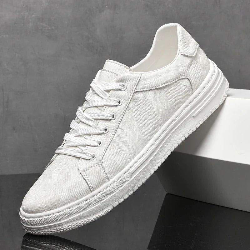Close-up of men's premium leather sneakers, showcasing texture and quality craftsmanship.