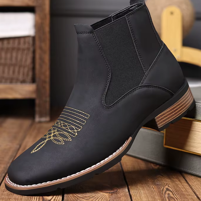 Stylish black leather men's Western Chelsea boots, slip-on design, perfect for everyday wear