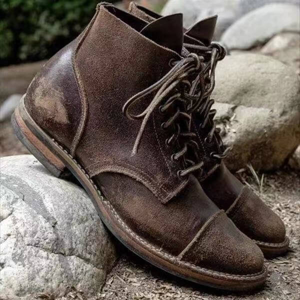 Men's classic brown leather winter boots, lace-up style for cold weather, durable & warm footwear