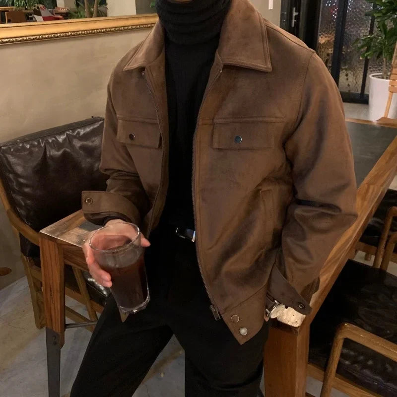 Men's classic brown suede bomber jacket with front zipper, ideal for stylish fall outerwear.