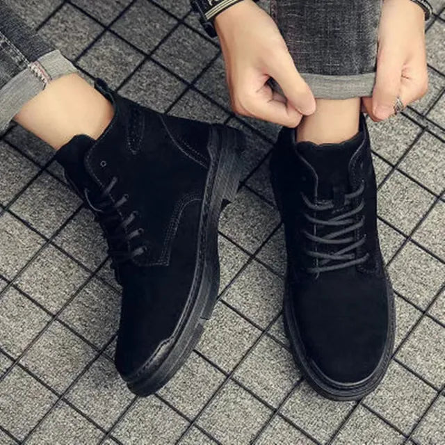 Close-up of men's comfortable and stylish suede lace-up boots, showcasing quality footwear