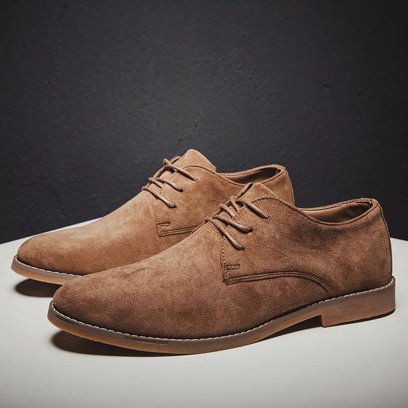 Side view of men's black suede Oxford shoes, highlighting the elegant silhouette and durable sole.