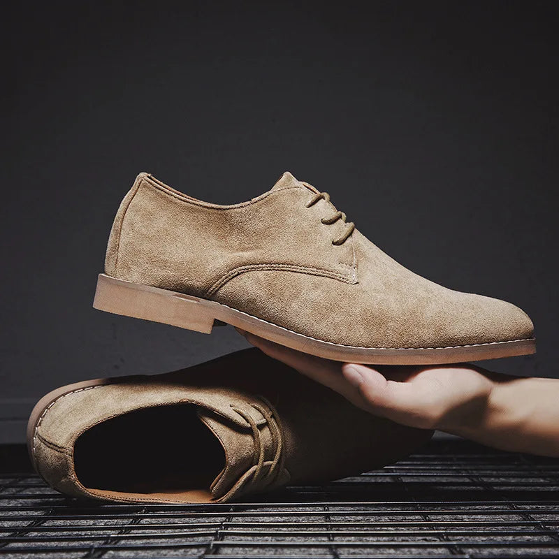 Front view of men's maroon suede Oxford shoes, a bold choice for modern casual and dress fashion.