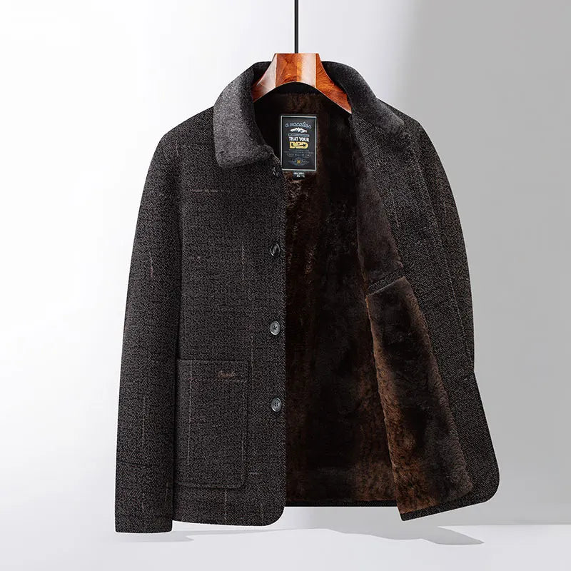 Men's classic brown wool blend jacket, fur-lined for warmth, with button-up front and collar.