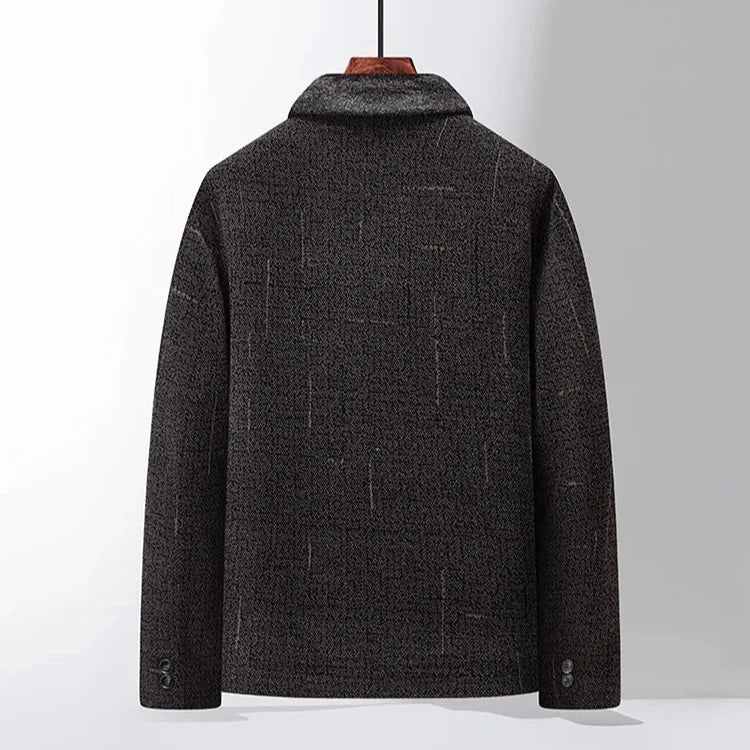 Navy wool blend men's winter coat, luxurious fur lining visible, perfect for cold weather outerwear.