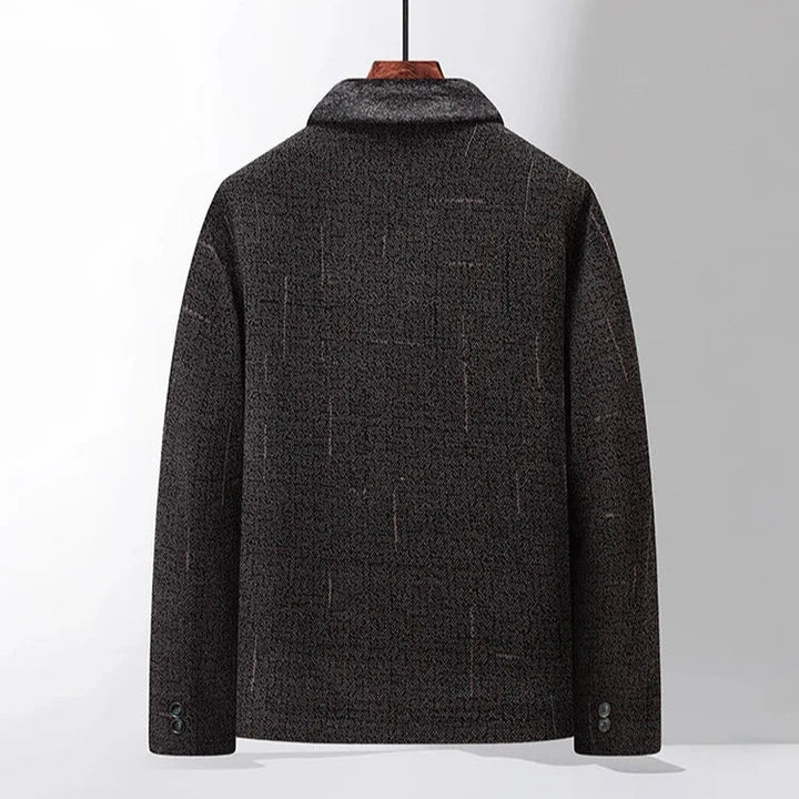 Navy wool blend men's winter coat, luxurious fur lining visible, perfect for cold weather outerwear.