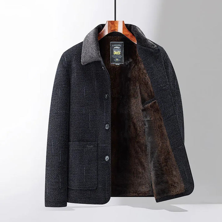 Stylish men's brown jacket, featuring a warm wool blend exterior and cozy fur-lined interior for winter.