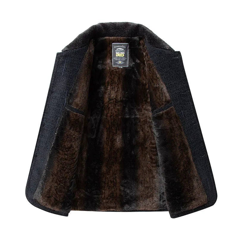 Front view of a men's navy classic wool blend fur-lined jacket, ideal for cold weather outerwear.