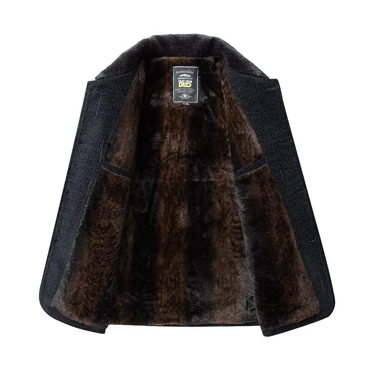Front view of a men's navy classic wool blend fur-lined jacket, ideal for cold weather outerwear.