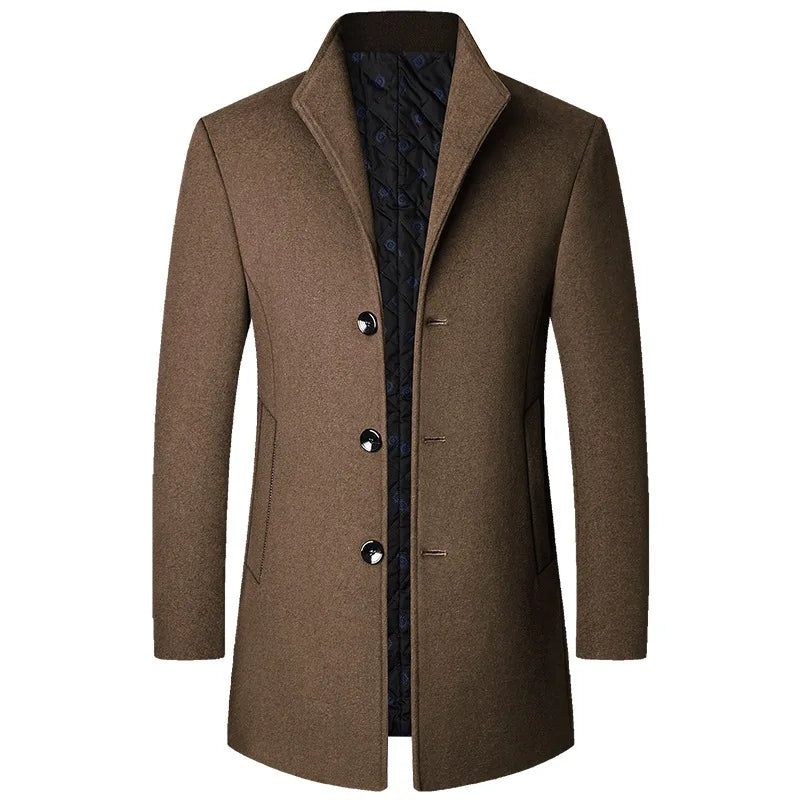 Men's classic button-front long overcoat in dark grey, perfect for elegant winter outerwear.