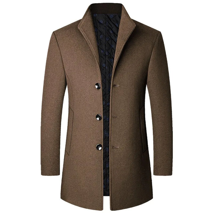 Men's classic button-front long overcoat in dark grey, perfect for elegant winter outerwear.