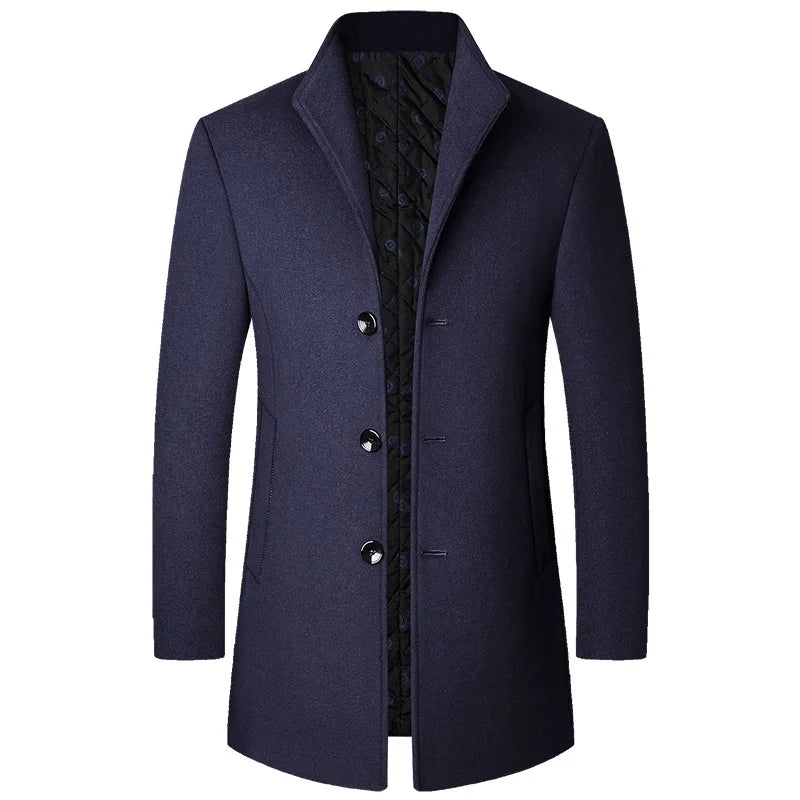 Classic men's winter overcoat featuring a refined button closure and a long, elegant cut.