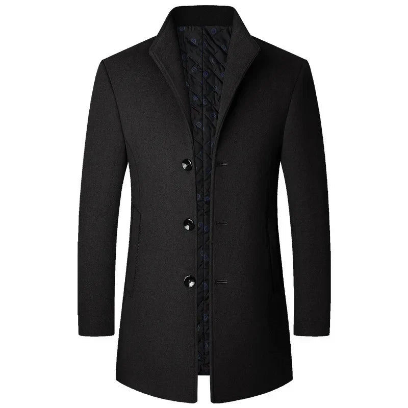 Men's elegant long coat with classic button details, providing warmth and style as winter outerwear.