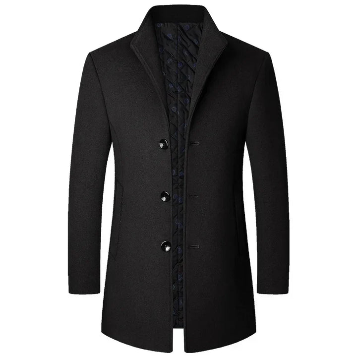 Men's elegant long coat with classic button details, providing warmth and style as winter outerwear.