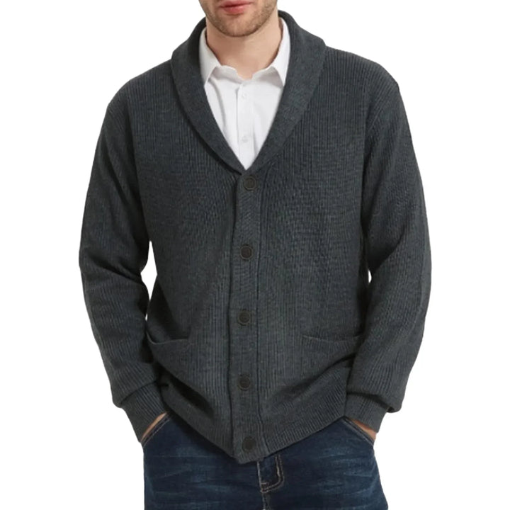 Close-up of the intricate cable knit pattern on a men's button-front cardigan, showcasing quality knitwear.