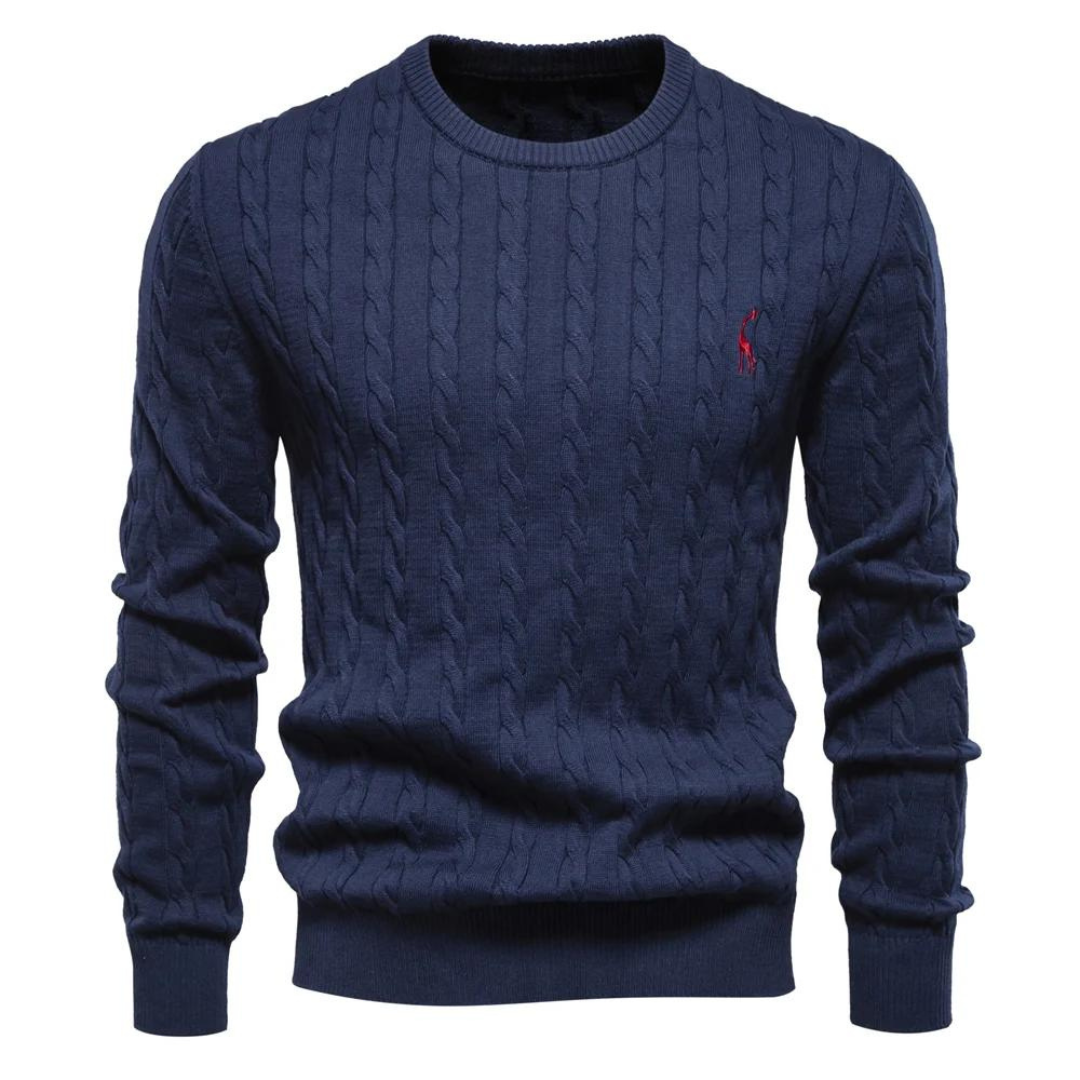 Full view of a men's black cable knit sweater, a versatile piece of knitwear for any casual occasion.