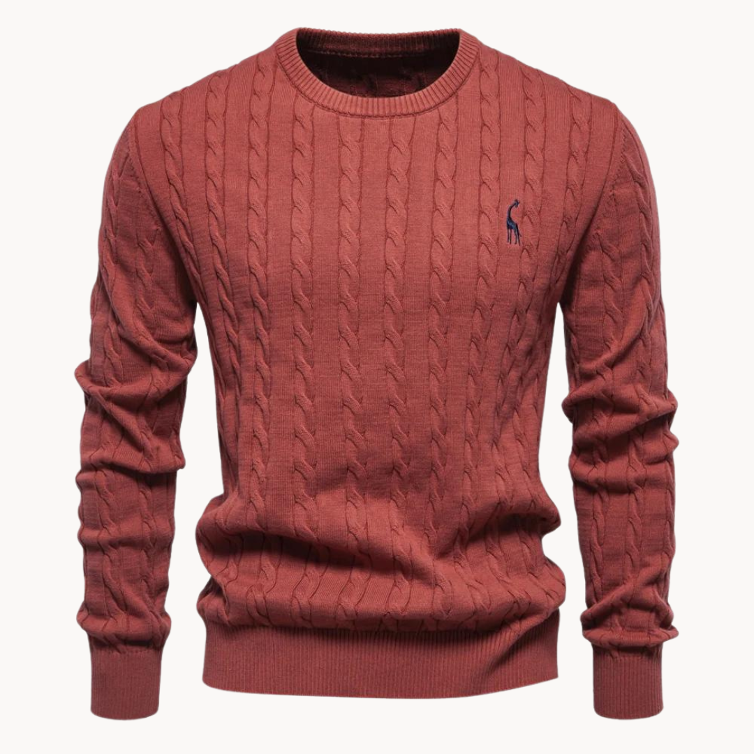 Detail shot of the textured cable knit on a men's maroon sweater, highlighting the quality and warmth.