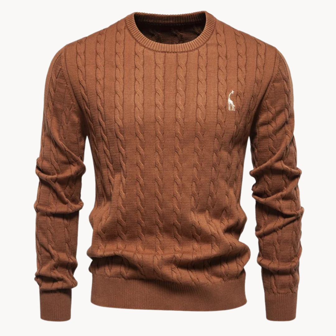 Men's heather gray cable knit crew neck sweater, offering classic style and comfortable winter wear.