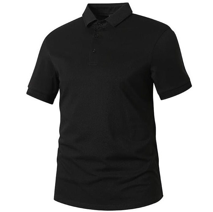 Close-up of a men's blue polo shirt, pique knit, with two-button placket detail