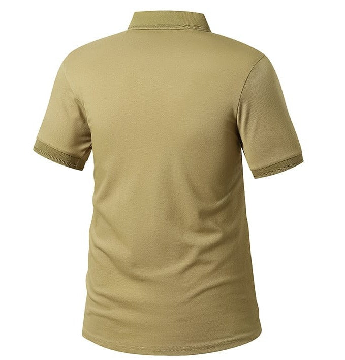 Model wearing a men's grey casual polo shirt, soft fabric, ideal for comfort