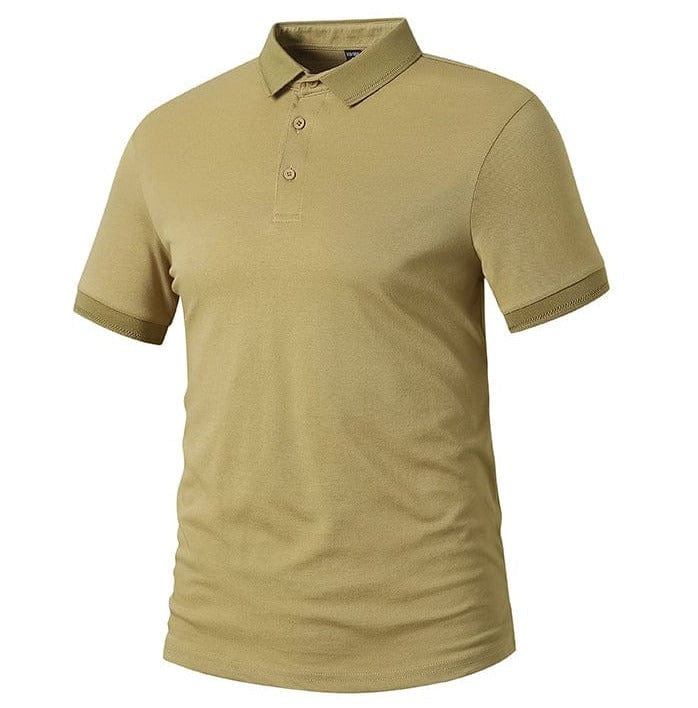 Front view of a men's classic red polo shirt, short sleeves, breathable cotton blend