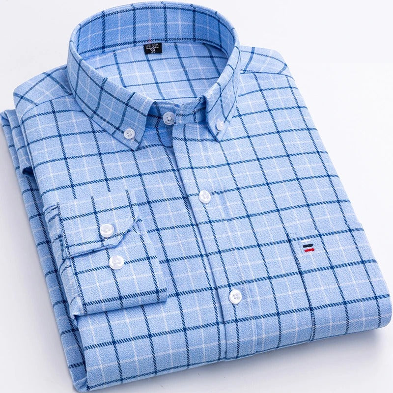 Men's classic checkered button-down shirt, perfect for casual or semi-formal wear, front view