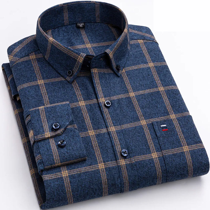 Close-up of the Men's classic checkered long sleeve collared shirt fabric, showcasing the pattern
