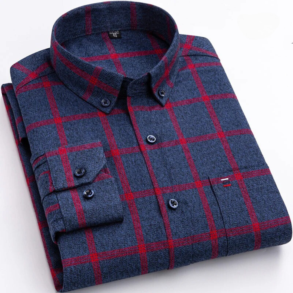 Stylish man wearing the men's checkered button-down shirt, a versatile wardrobe staple, side view