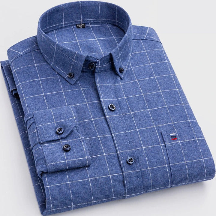 Men's semi-formal checkered long sleeve button-down shirt, displayed on a hanger, clean look
