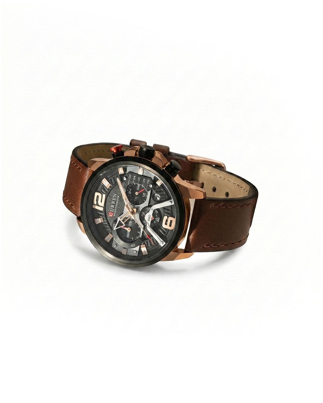 Men's classic chronograph watch with brown leather band, silver casing, and white dial, perfect for everyday wear.