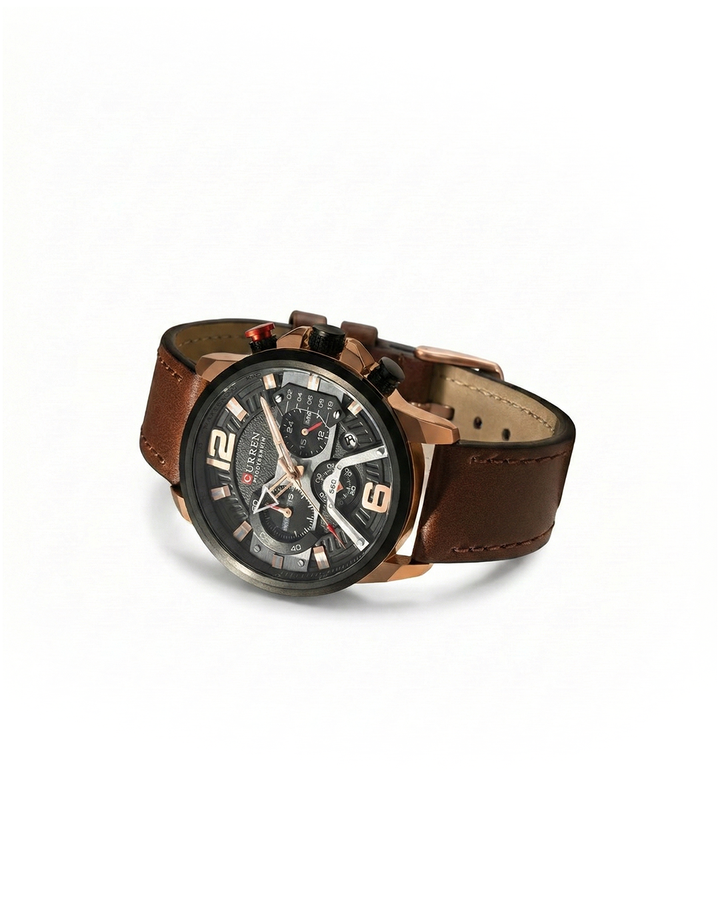 Men's classic chronograph watch with brown leather band, silver casing, and white dial, perfect for everyday wear.