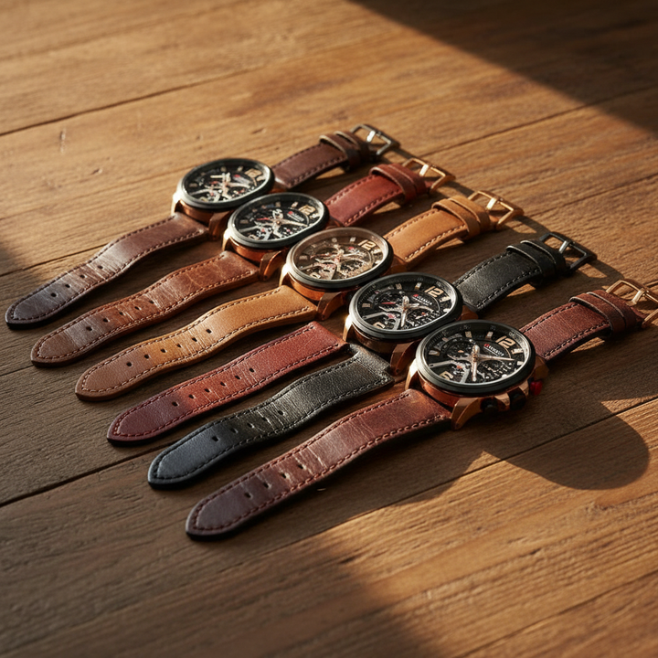 Elegant men's chronograph watch with a dark brown leather band, durable casing, and a clear, readable dial.